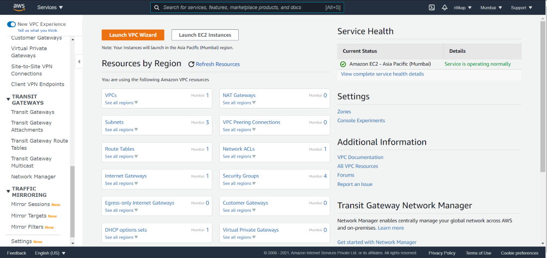 screenshot of Amazon VPC